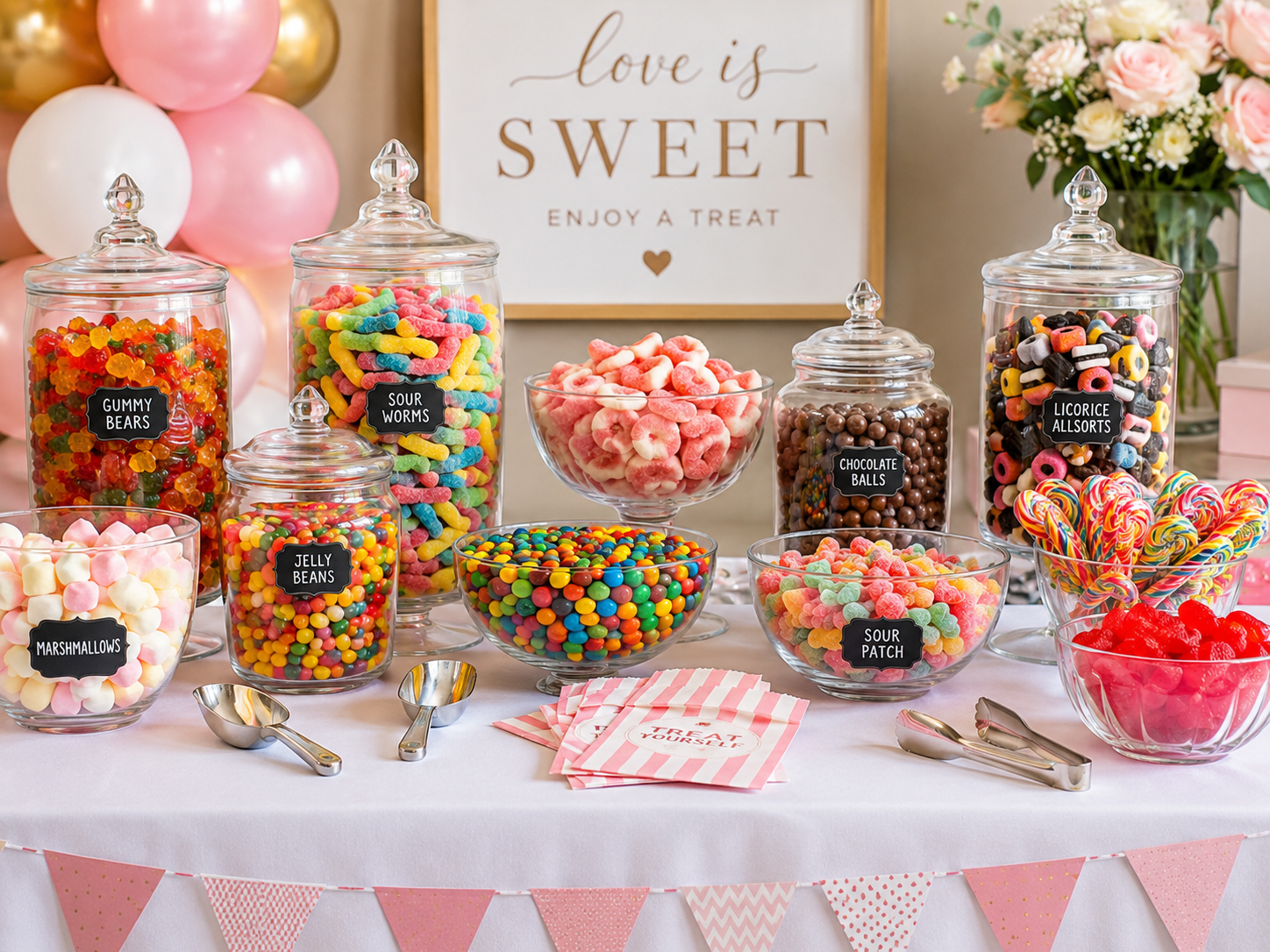 DIY candy buffet table setup with glass jars filled with colourful lollies and sweets for a party